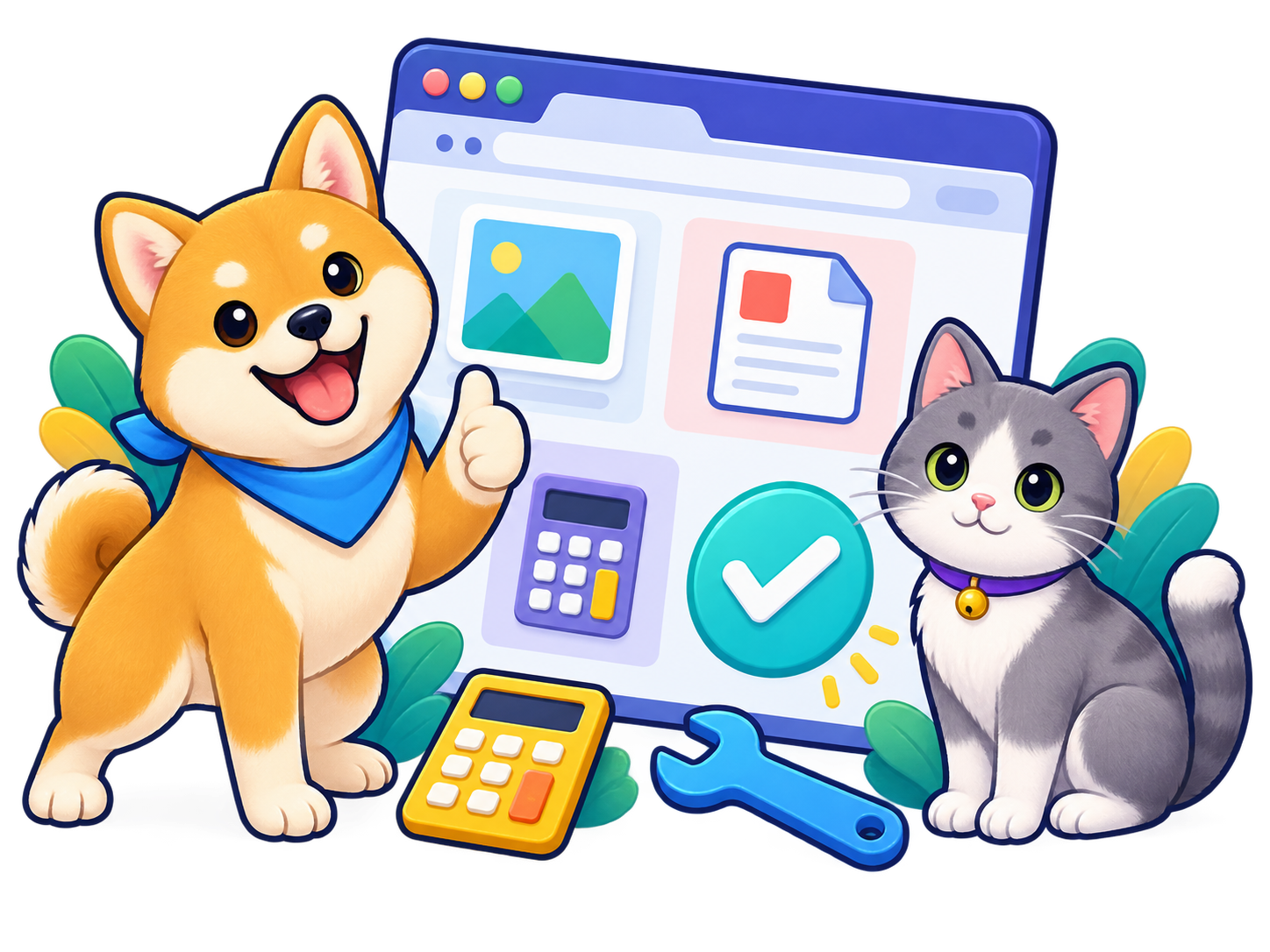 犬と猫が便利なWebツールを紹介するイラスト