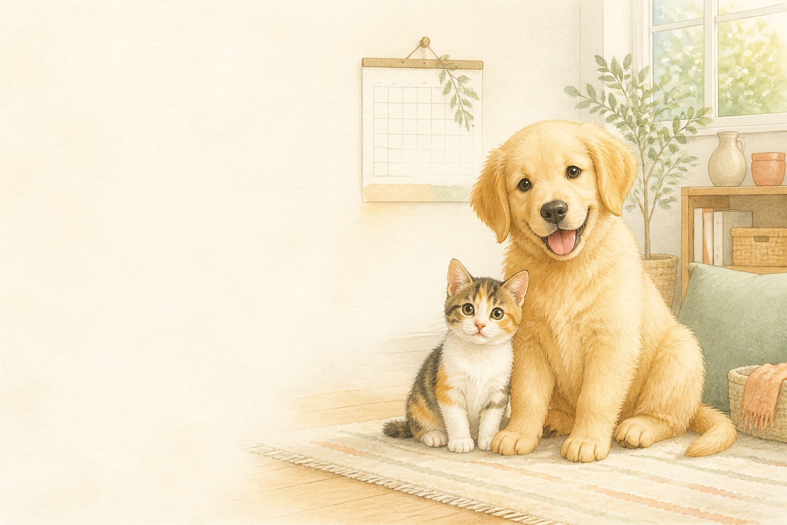 明るい部屋で寄り添う子犬と子猫